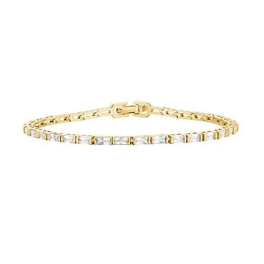 PAVOI 14K Yellow Gold Plated CZ Tennis Bracelet For Women | Classic Emerald Cut Simulated Diamond Bracelet | 6.5 Inches