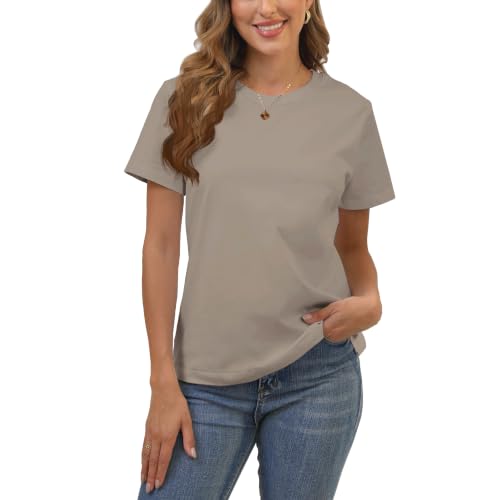 100% Cotton Women's Khaki Short Sleeve Crew Neck T-Shirt, Regular Fit Casual T Shirt Tops, Basic Tees, Tshirt, Tshirt