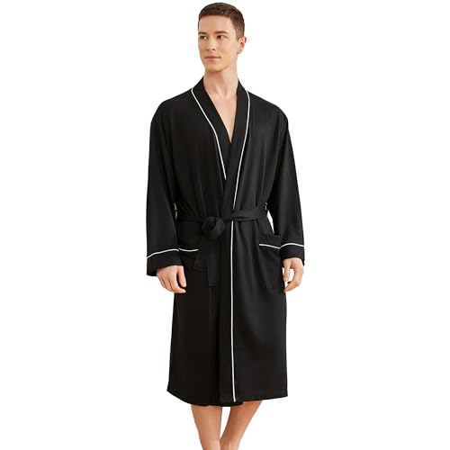 Image of Mens Lightweight Robe, Knit Kimono Bathrobe Spa Sleepwear Soft Knee Length Robe With Pockets