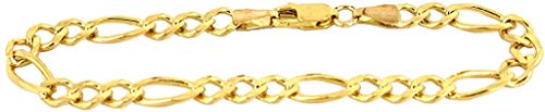 Bracelet Real 10K Yellow Gold Hollow Figaro Women 3.5mm, 7