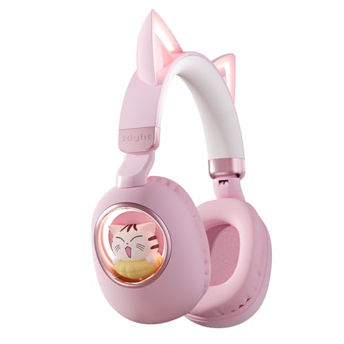 Xmenha Pink Cat Ear Headphones for Kids, Cute Children Girl Wireless Bluetooth Headphones for School, Kindergarten Light up Kawaii Kitty Noise Cancelling Headphones for Kids Teens Child Airplane