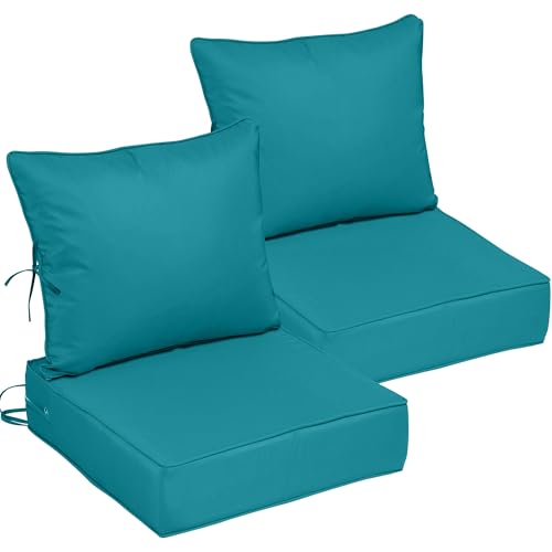 Image of 24x24 Outdoor Chair Cushions Set of 2, Waterproof Deep Seat Cushions for Patio Furniture with Removable Cover, Fade Resistant 4'' Outdoor Seat Cushion w / Ties Handle for Wicker Sofa Couch, Turquoise