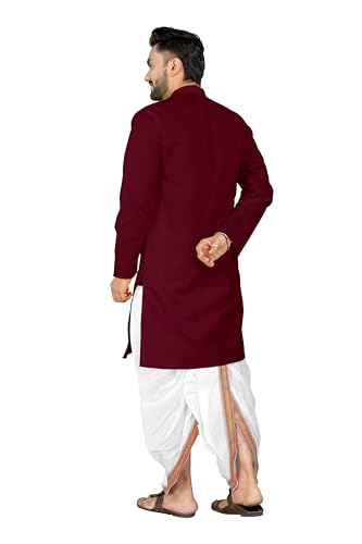 Image of UNIQUE MOMENTS Men's Cotton Dhoti Kurta Set with Full Sleeves Solid Pattern Modern Style and Mandarin Collar Neck | Perfect for Puja & Celebrations