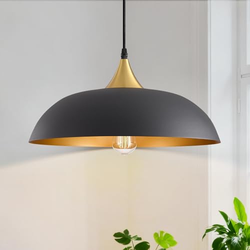 DOTCN 13.8" Pendant Light Black with Gold Accents Brass Trim Hanging Lamp Dimmable for Kitchen Island Dining Table Sloped Ceiling Industrial Modern E26 60W