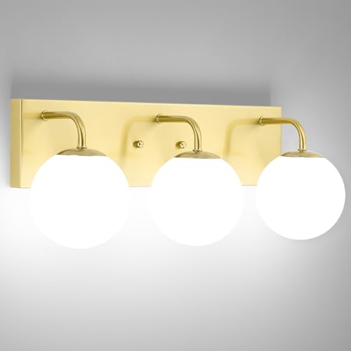 Image of Mid Century Modern Bathroom Light Fixtures, 3-Light Gold Vanity Lights Bathroom Lighting Fixtures Over Mirror, Gold Wall Sconces Wall Lighting with Globe Frosted Milk Glass