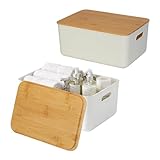 Relaxdays Caja de Almacenamiento Set de 2 con Tapa, plástico y bambú, Asas, 16...