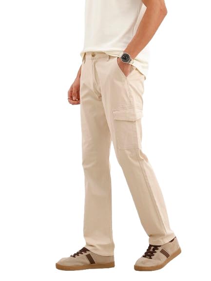 WROGN Men's Stretch Cotton Trousers | Solid | Straight Fit in neutral