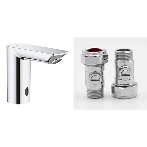 Image of GROHE BAU Cosmopolitan E - Infrared Sensor Touchless Basin Mixer Tap Without Mixing Device (Battery Powered, 7 Pre-Set Programs), Size 123 mm, Chrome, 36452000 & UK Tap Adaptors 129473