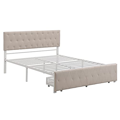 Meritline Queen Size Metal Bed, Platform Bed Frame With Upholstered Headboard And Footboard, Metal Platform Bed With Drawer Storage No Box Spring Needed (Queen Size, Beige) #TOP3