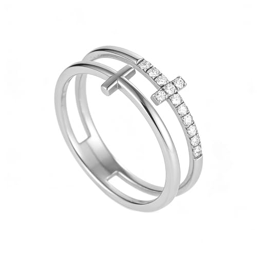 Double Cross Ring 18k Gold Plated 925 Sterling Silver Cubic Zirconia Simple Plain Stackable Statement Promise Rings Inspiration Christian Ring Faith Hope Love Cross Religious Ring Gift (Silver 8#)