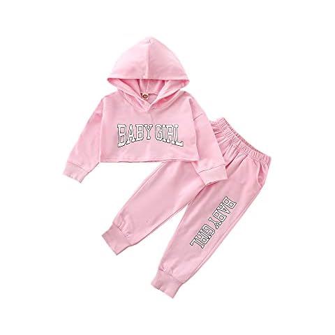 Fashion Kids Toddler Baby Girl Outfit Long Sleeve Hooded Crop Top Sweatshirt Long Pants Joggers Casual Tracksuit Set, Pink, 2-3 Years Cover
