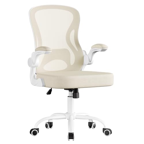 SONGMICS Ergonomic Office Chair, Mesh Swivel Desk Chair with Lumbar Support, Rocking Function, Flip-Up Armrests, for Home Office, Bedroom, Cappuccino Beige and Cloud White OBN042LH03