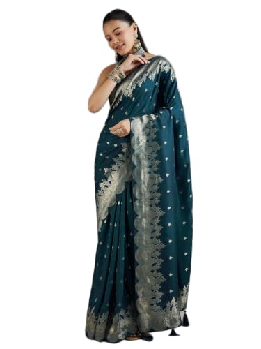 Dhatrika Ethnic Teal Blue Banarasi Silk Saree with Zari Woven Border Banarasi Zari Weave banarasi saree