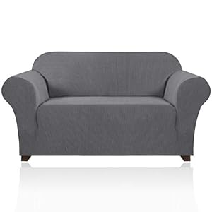 PrinceDeco Stretch Loveseat Sofa Cover Slipcover Couch Cover for 2 Cushion Sofa Washable Sofa Cover for Pets Friendly Furniture Protector Covers with Non Slip Bottom(Loveseat, Gray)