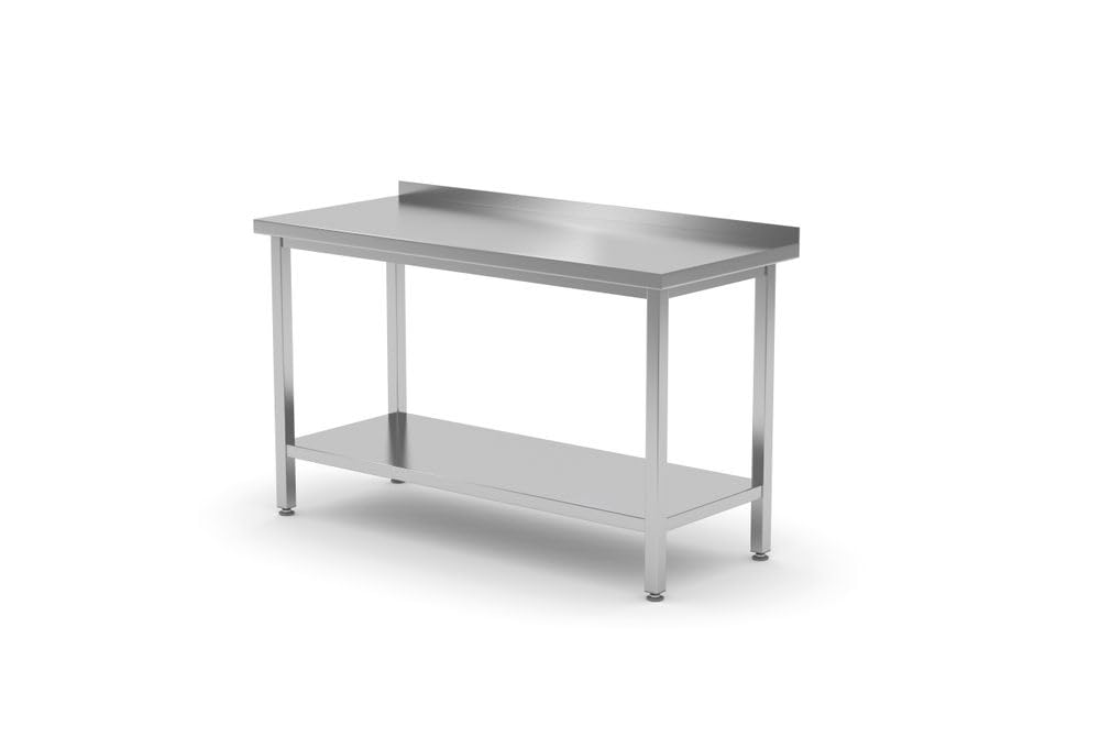 HENDI Mesa de trabajo, de pared, encimera de trabajo, mesa de cocina, con estante, atornillada, patas ajustables, para auto montaje, con salpicadero: 40 mm, 1000x700x(H)850 mm, acero inoxidable