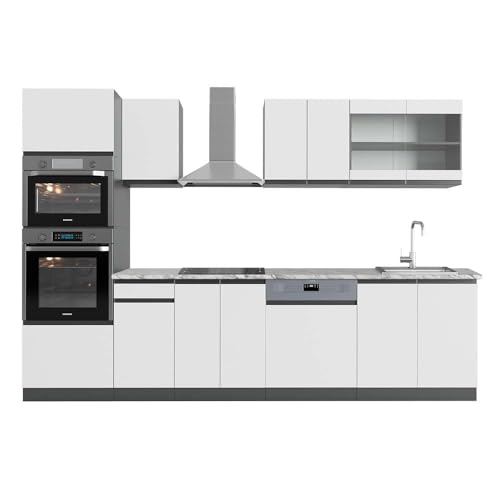 Vicco Küchenzeile R-Line, Weiß/Anthrazit, 300 cm mit Hochschrank, AP Marmor