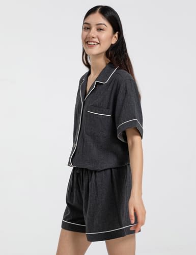 Image of Womens Muslin Pajama Set 100% Cotton Double Gauze Linen Like | Breathable Soft Comfort Button Up Loungewear Sleepwear PJ Set