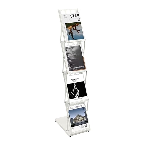 SUONTY Expositor plegable para folletos, 4 niveles, A4, estantería para revistas y oficinas, catálogos de literatura para oficina y feria, color blanco