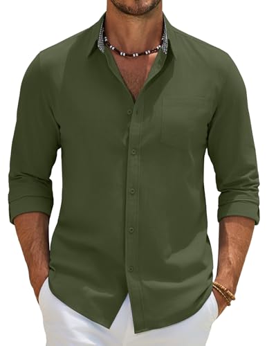 Image of COOFANDY Mens Shirts Long Sleeve 100% Cotton Plaid Collar Olive Green 2XL