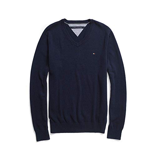 Tommy Hilfiger Mens Pima Cotton Cashmere V-Neck Sweater (Navy, Large)