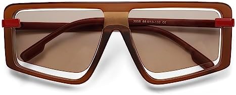 HERJOUR Retro Square Oversized Sunglasses for Women and Men Trendy Sun Glasses AR82157, Red Frame/Brown Lens
