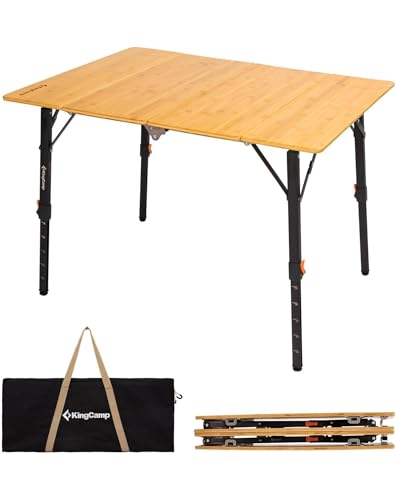 KingCamp Mesa de Camping de bambú, 100 x 70 cm, Mesa Plegable de Mesa de Comedor, Altura Ajustable, Marco de Aluminio para Camping al Aire Libre