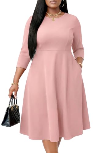 Image of Runwind Women's Plus Size Midi Dress Classy High Waist Wedding Guest Dress Casual Crew Neck 3 /4 Sleeve A-Line Swing Dresses
