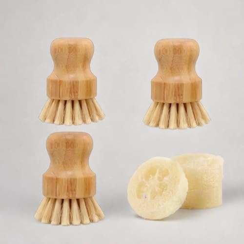 Image of Wooden Dish Brush and Natural Loofah Sponge (2 inches) Sets, 3Pcs, Sisal Dish Brushes, Eco-Friendly Natural Dish Washing Brush for Dishwashing Cast Iron Pots Pans Skillet Vegetables Sink, Set of 3