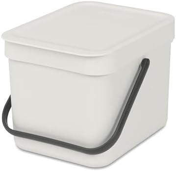 Brabantia Sort & Go Kitchen Countertop Food Scraps Compost Bin | XS / 1.6 Gal / 6L | Light Gray | Removable Stay-Open Lid, Carry Handle, Easy-Clean Recycling Box | Wall-Mounting Bracket Included