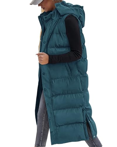 BTFBM Long Puffer Vest Women Quilted Hooded Button Down Zip Up Sleeveless Vests Outerwear Padded Jacket Fall Winter Coat