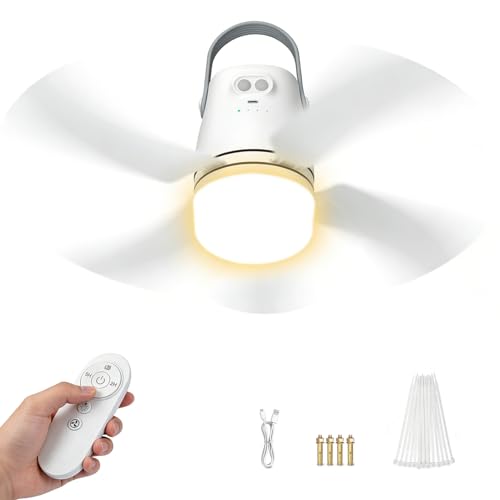 Rechargeable 20" Camping Fan Light - 20000mAh Portable Ceiling Fan with Remote for Outdoor Use in Gazebo, Shed, RV, and Tent - White, 4 Speed Settings & Timer