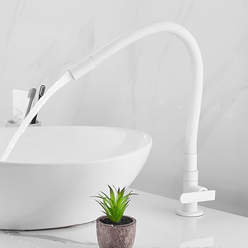 Robinet Flexible Salle de Bain Blanc Eau Froide Mitigeur Monocommande Lavabo Rotation de 360° Robinet Lave Main,Blanc