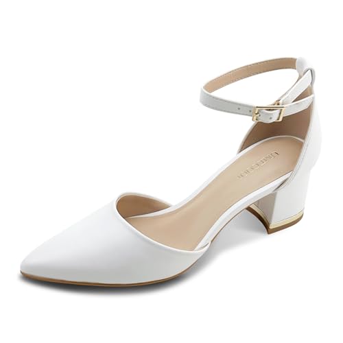 UMECOOL Women's Pointed Toe Low Chunky Heels Pump Shoes, Comfortable Heels for Women, Chunky Ankle Strap Dress Pumps Shoes for Wedding Office Party