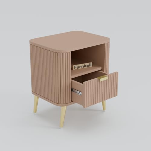 Image of Premium HDMR Wood Bedside Table with 1 Drawer & Open Storage Shelf, Fluted Nightstand with Golden Legs for Bedroom, Modern End Table, for Living Room | Taupe Finish, Set of 2