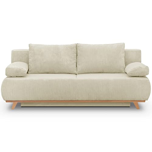 HOMIFAB Canapé Convertible 3 Places avec Coffre de Rangement en Velours côtelé Beige - Laria Cover