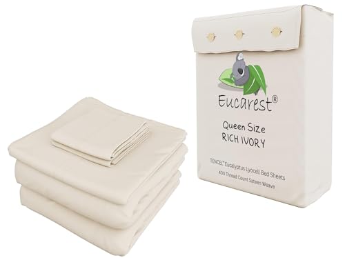 Eucalyptus Lyocell Bed Sheets, Hypoallergenic 100% Organic Tencel, Thermal Regulating and Moisture Wicking for Hot Sleepers, Superior Thread Quality, Extra Deep Pockets Queen Size - Ivory