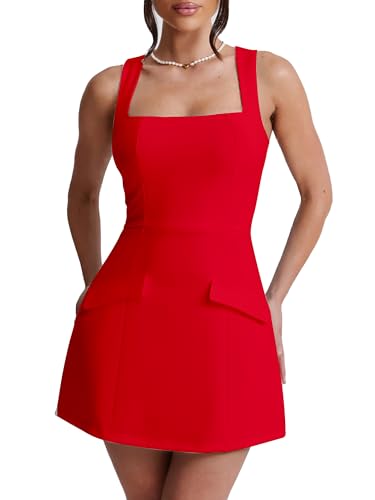BORIFLORS Women's Sexy Bodycon Corset Mini A Line Dresses Sleeveless Square Neck Party Short Dress, Large, Red
