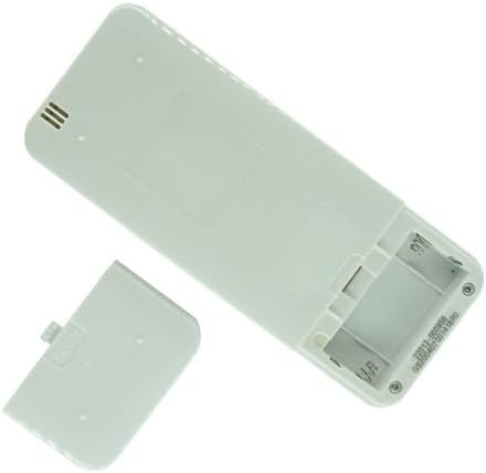 ተመለስ view of the white remote control with the battery compartment cover removed, showing two empty slots for AAA batteries.