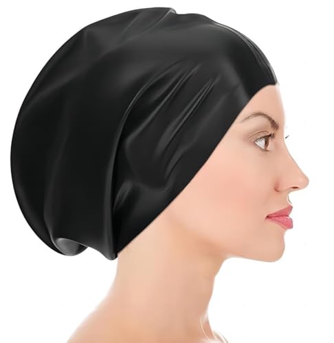 Boné de natação para cabelo comprido, preto, unissexo, para mulher, homens, senhoras, rastas, extensões de cabelo, tranças, cachos, gorro de duche de silicone afros (médio)