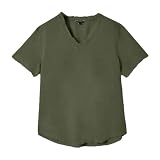 Materiale: lino e cotone Camicia in lino da uomo a V, per il tempo libero, a maniche corte, estiva, in cotone, in lino, leggera, sportiva, sottile, strappata, O verde dell\'esercito, S