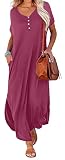 GRECERELLE Women Casual Loose Sexy Deep V Maxi Dress Short Sleeve Button Down Summer Split Beach Lon