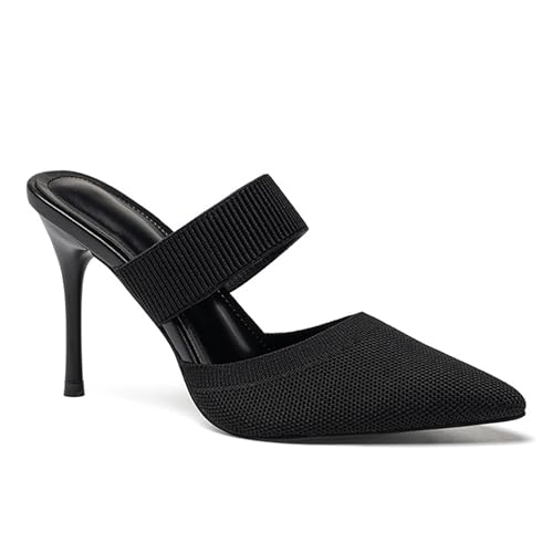 Women'S Knit Stretchy Closed Pointed Toe Stiletto Mules Fashion Mesh Breathable Comfort Slip-On High Heel slingback Dress Slide sandals with Elastic Strap for Wedding Party Daily Wear (5,Black)