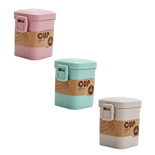 Cabilock 3pcs Wheat Straw Soup Cup Microwaveable Porridge Breakfast Cups with Sealed Lid Square School Picnic Green Beige Pink