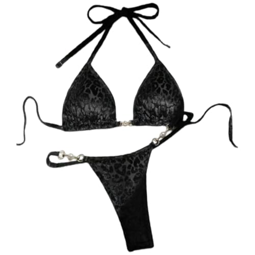 Gyios bañador Conjunto De Bikini Impresión Leopardo Negro Las Mujeres, Halter Top & String Bottom con Hardware Perlas Y Oro, Trajes Baño Sexy para Vacaciones En La Piscina Playa-Black Leopard-l