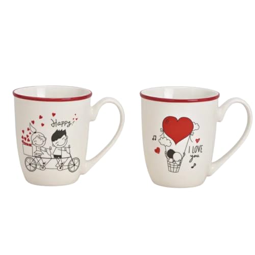 Set di 2 tazze da caffè Jumbo 380 ml – Amore & Romance Design – Happy & I Love You – tazze in porcellana con bordo rosso – regalo per coppie, San Valentino, matrimonio, tazza da caffè anniversario