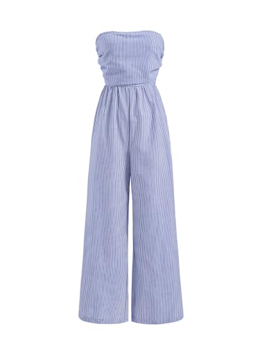 winkbay Women's Summer Striped Ruched Tube Top Romper Strapless Wide Leg Going Out Jumpsuits Blue Medium