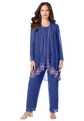 Roaman's Women's Plus Size Plus-Size Long Sleeve Floral Beaded Georgette Three-Piece Pant Set