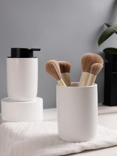 Image of Bosilunlife Soap Dispenser and Toothbrush Holder Set - 11Oz Dish Hand Soap Dispenser Pump Ceramic Bathroom Counter Soap Toothbrush Holder Set White Bathroom Accessories Set