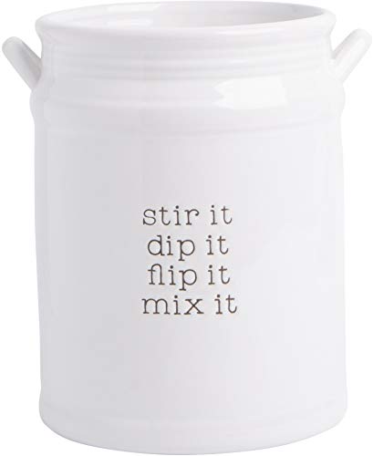 White Ceramic Two Handle Utensil Holder Crock With Stir It, Dip It, Flip It And Mix It, 7.2"H #TOP23