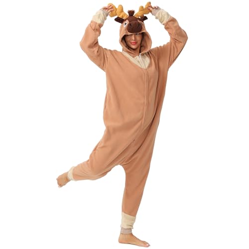 BDZaigozaiwu Deer Onesie Adult Costume Unisex Christmas Zipper Pajamas Animal Cosplay One Piece Homewear For Women Men